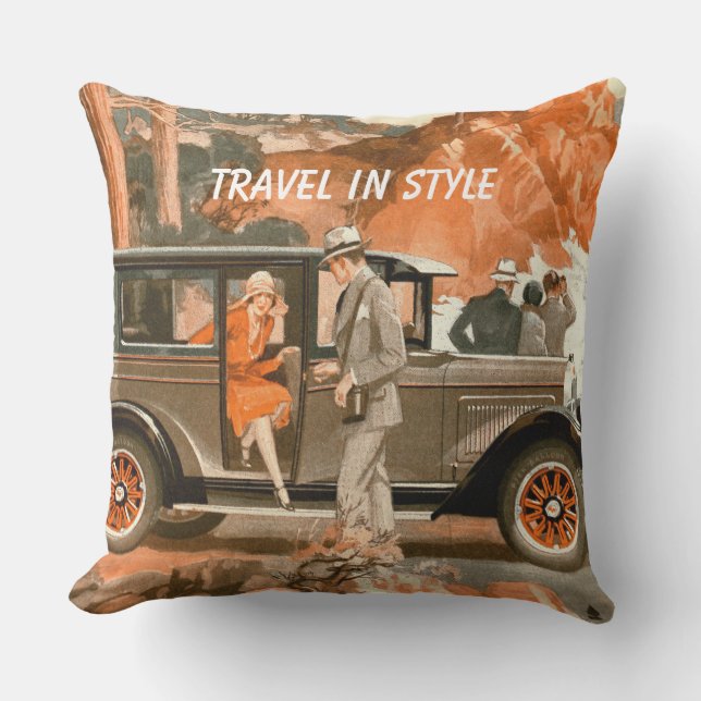 Retro 1920's Flapper Lady Classical Car Road Trip Outdoor Cushion (Front)