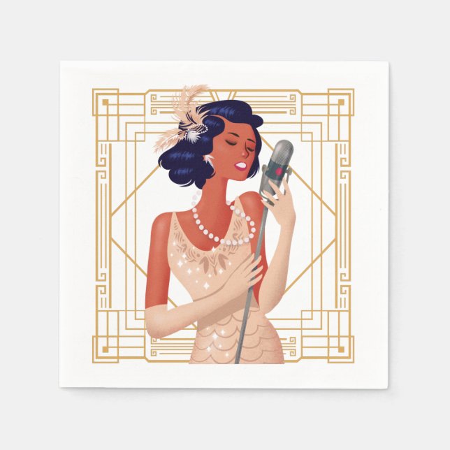 Retro 1920s Glam Lady Singer Art Deco Gold Frame Napkin (Front)