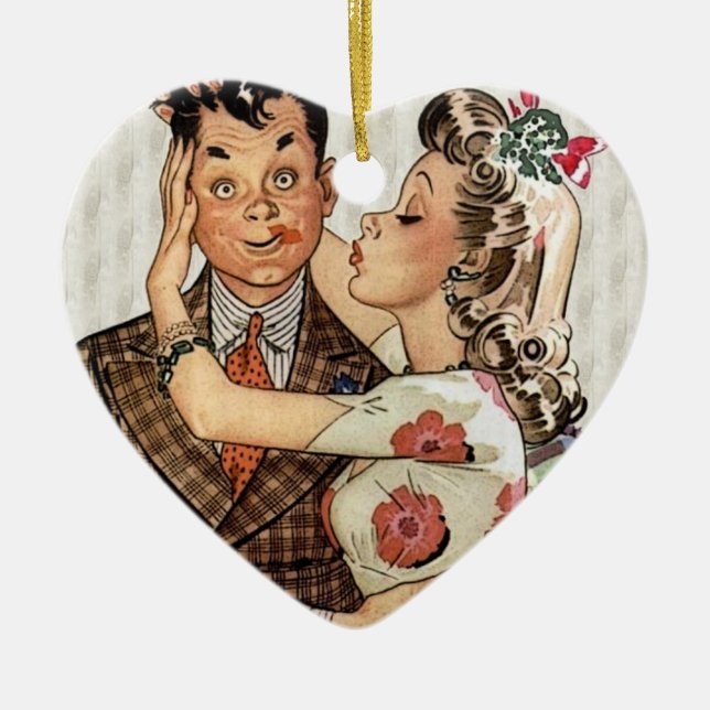 Retro 1940s Kissing Couple Ceramic Tree Decoration (Front)