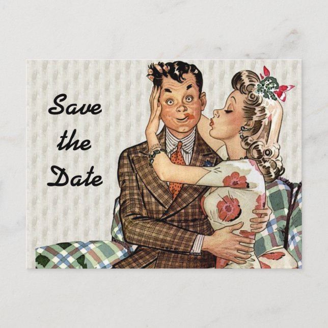 Retro 1940s Kissing Couple Save the Date Announcement Postcard (Front)