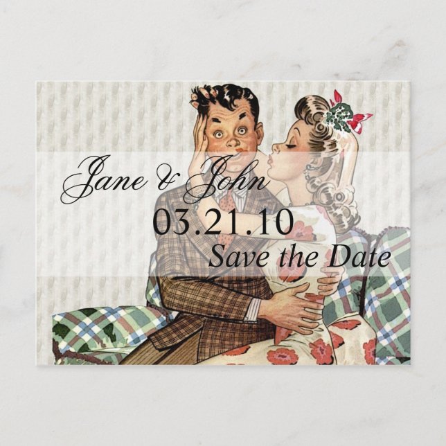 Retro 1940s Kissing Couple Save the Date Announcement Postcard (Front)