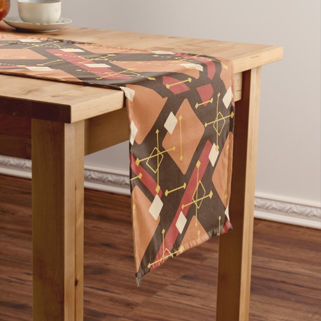 Retro 1950s Art Diamonds Brown Orange Short Table Runner (In Situ)