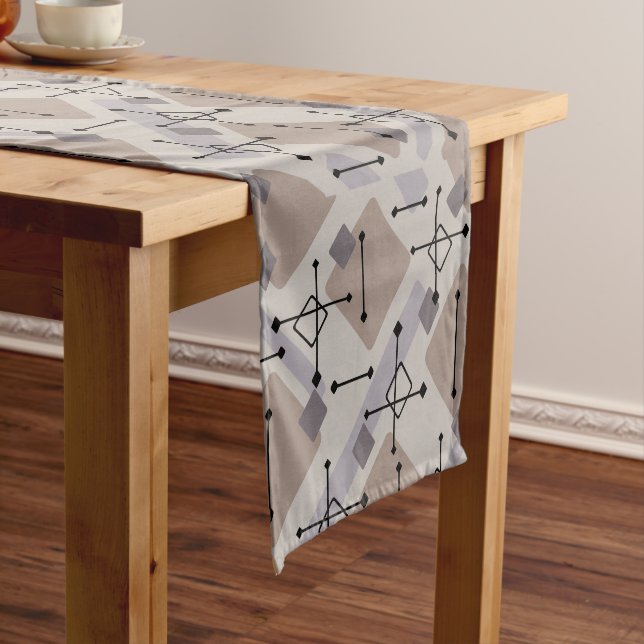 Retro 1950s Art Diamonds Taupe Beige Short Table Runner (In Situ)