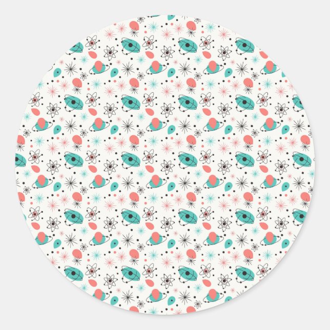 Retro 1950s Atomic Starburst & Orbiting Atoms Classic Round Sticker (Front)