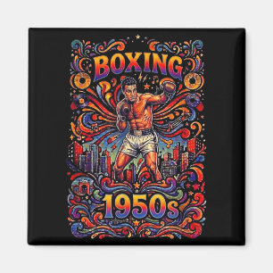 Retro 1950s Boxing Boxer City Skyline Art Magnet