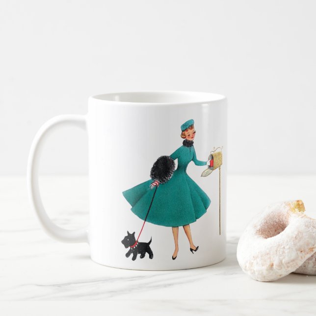 Retro 1950s Christmas Girl & Dog Coffee Mug (With Donut)