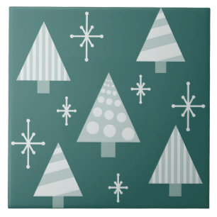 Retro 1950s Christmas Trees Teal Green Ceramic Tile