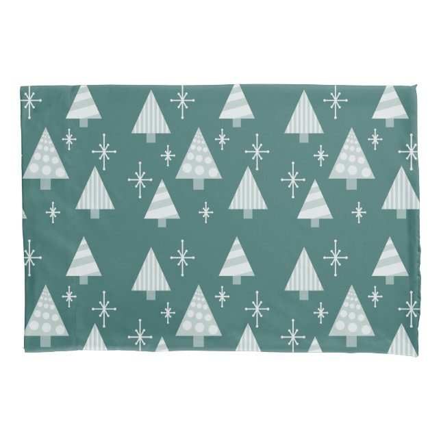 Retro 1950s Christmas Trees Teal Green Pillowcase (Front)