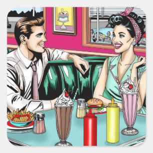 Retro 1950's Couple at Diner Blank Square Sticker