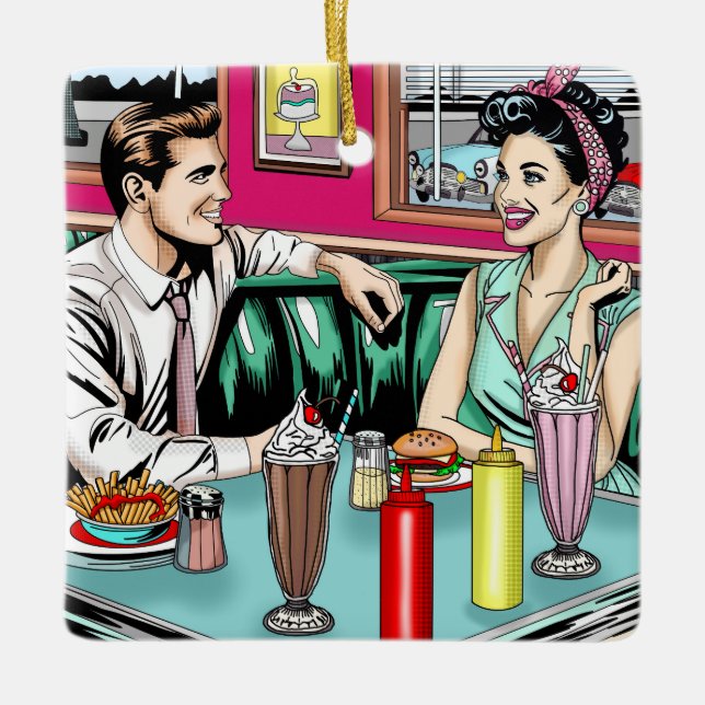 Retro 1950's Couple at Diner Ceramic Ornament (Front)