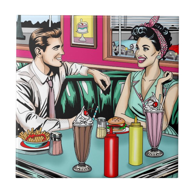 Retro 1950's Couple at Diner Ceramic Tile (Front)