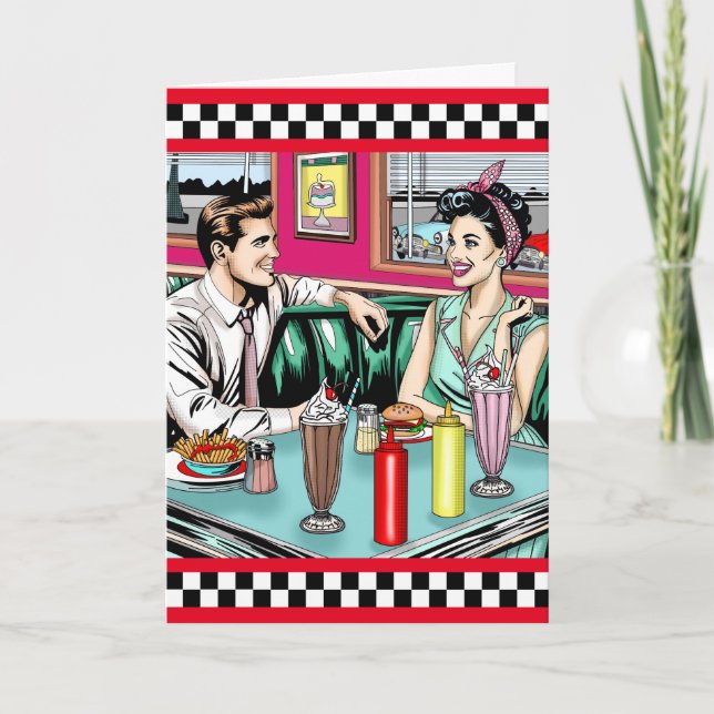 Retro 1950's Couple at Diner Happy Birthday Card (Front)