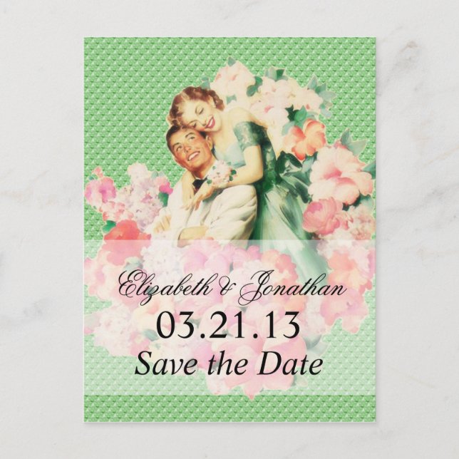 Retro 1950s Couple Save the Date Announcement Postcard (Front)