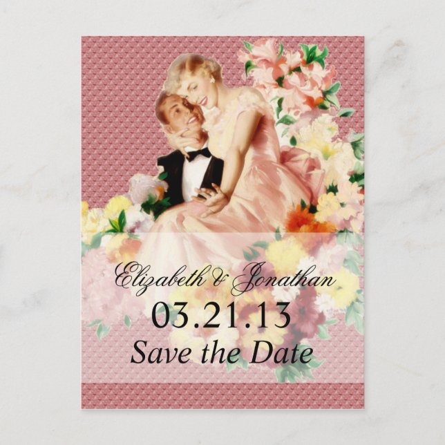 Retro 1950s Couple V2 Save the Date Announcement Postcard (Front)