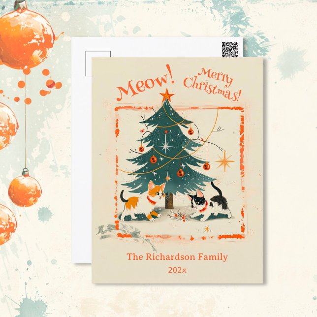 Retro 1950s Cute Cats Christmas Tree Holiday Postcard (Retro 1950s Cute Cats Christmas Trees Postcard)