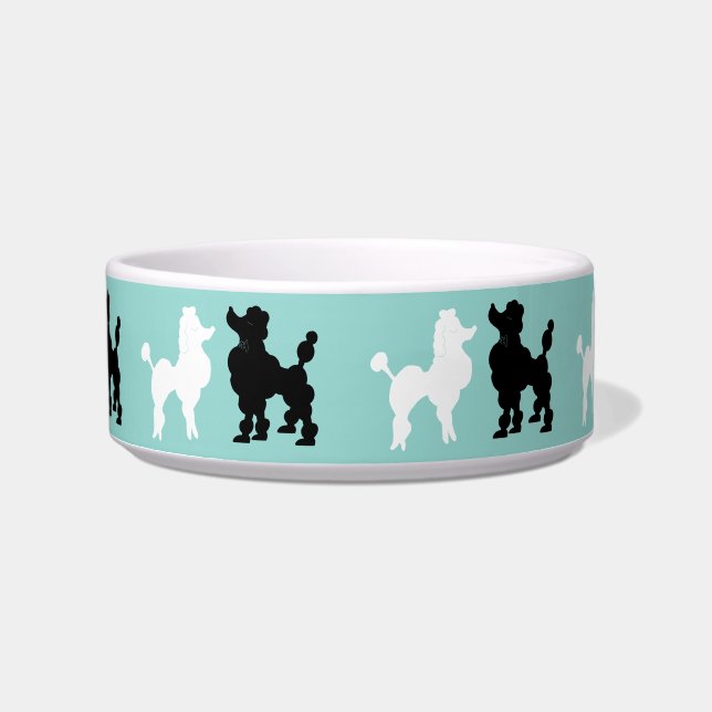 Retro 1950's Cute White & Black Poodles on Aqua Bowl (Front)
