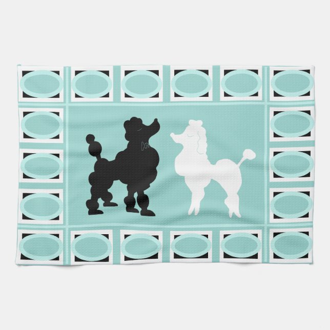 Retro 1950's Cute White & Black Poodles on Aqua Tea Towel (Horizontal)