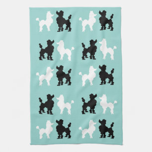 Retro 1950's Cute White & Black Poodles on Aqua Tea Towel