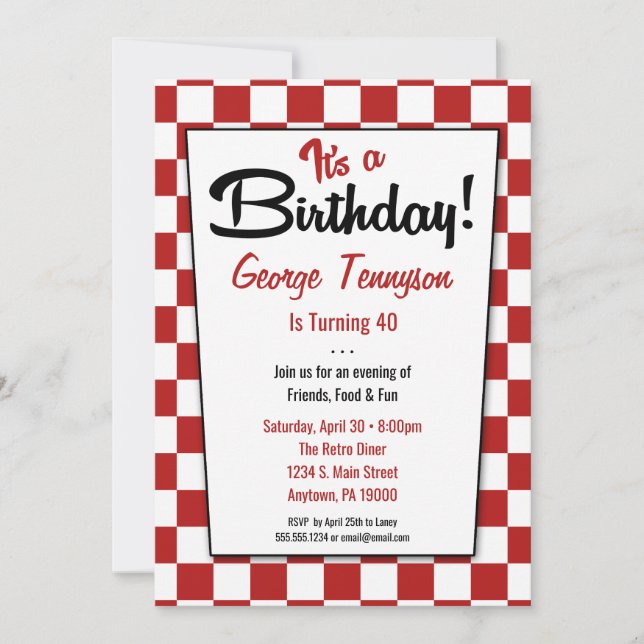 Retro 1950s Diner Red White Birthday Invitations (Front)