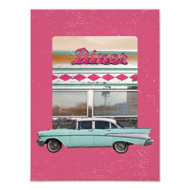 Retro 1950s Diner Wall Art | Pink Neon Sign & Teal (Front)