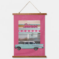 Retro 1950s Diner Wall Art | Pink Neon Sign & Teal