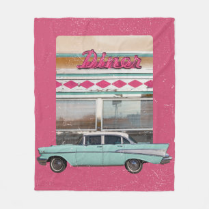 Retro 1950s Diner Wall Art   Pink Neon Sign & Teal Fleece Blanket