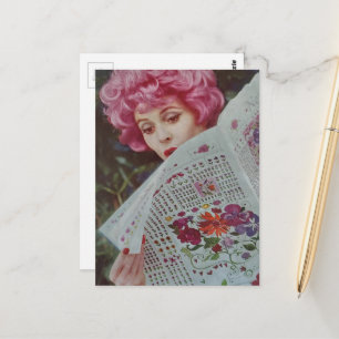 Retro 1950s Era Pretty Pink Hair Lady Postcard