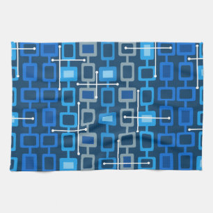 Retro 1950s Geometric Pattern Blue Tea Towel