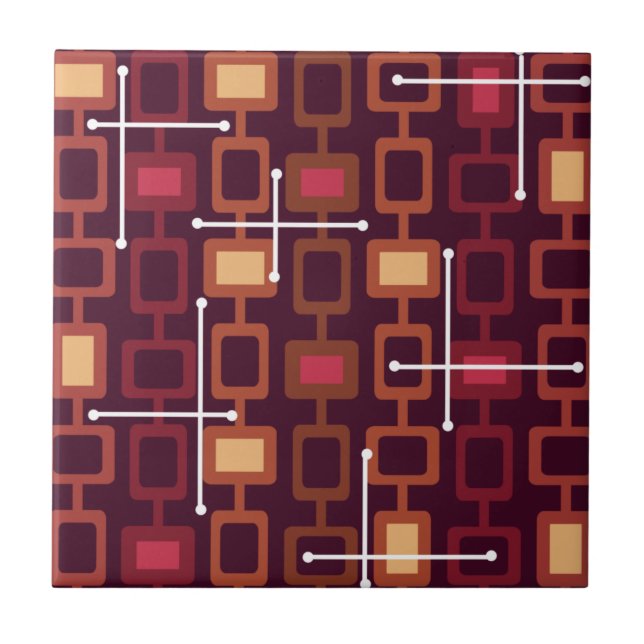 Retro 1950s Geometric Pattern Burgundy Ceramic Tile (Front)