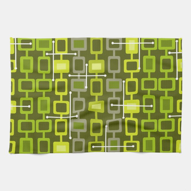 Retro 1950s Geometric Pattern Chartreuse Tea Towel (Horizontal)