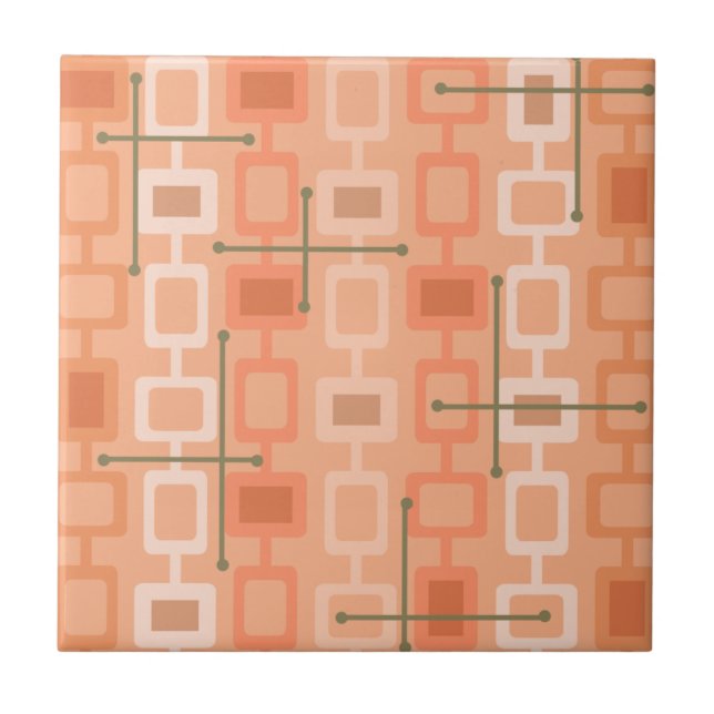 Retro 1950s Geometric Pattern Orange Ceramic Tile (Front)
