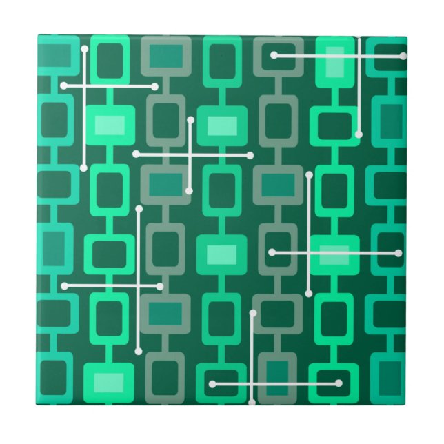 Retro 1950s Geometric Pattern Turquoise Ceramic Tile (Front)