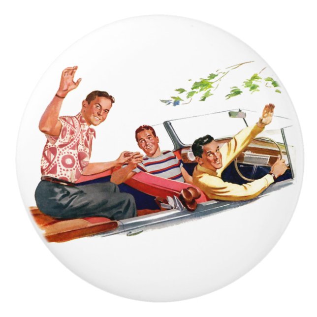 Retro 1950s Men in Convertible Car Ceramic Knob (Front)