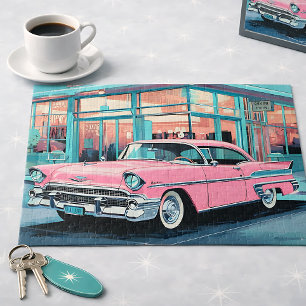 Retro 1950s Pink Car Mid‑Century Diner Jigsaw Puzzle