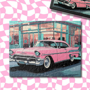 Retro 1950s Pink Car Mid‑Century Diner Jigsaw Puzzle