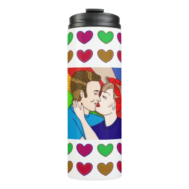 Retro 1950's Style Pop Art Couple Kissing Brunette Thermal Tumbler (Front)