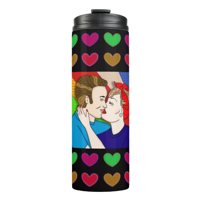 Retro 1950's Style Pop Art Couple Kissing Brunette Thermal Tumbler (Front)