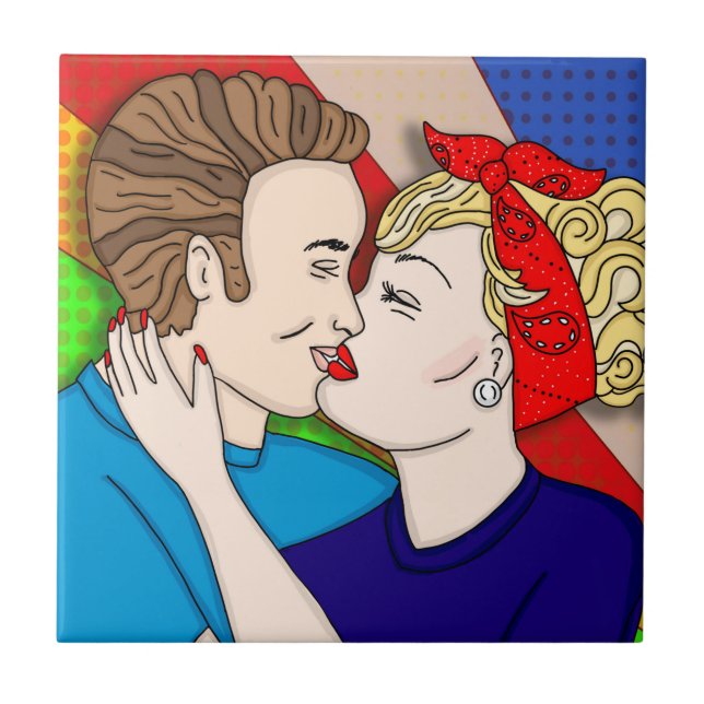 Retro 1950's Style Pop Art Couple Kissing   Ceramic Tile (Front)