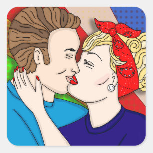 Retro 1950's Style Pop Art Couple Kissing Square Sticker
