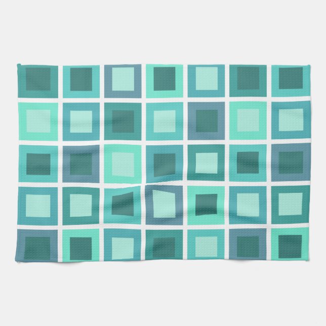 Retro 1950s Tiles Pattern Turquoise Tea Towel (Horizontal)