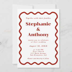 Retro 1950s Wavy Edge Dark Red Wedding Invitation