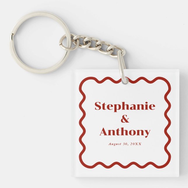 Retro 1950s Wavy Edge Dark Red Wedding Key Ring (Front)