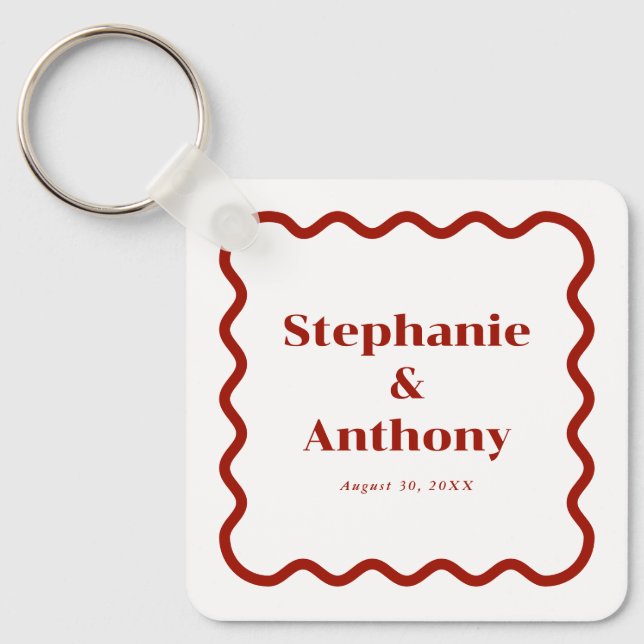 Retro 1950s Wavy Edge Dark Red Wedding Key Ring (Front)