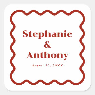 Retro 1950s Wavy Edge Dark Red Wedding Square Sticker