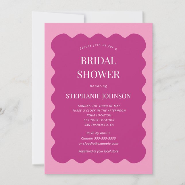 Retro 1950s Wavy Edge Magenta and Pink Bridal  Invitation (Front)