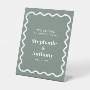 Retro 1950s Wavy Edge Sage Green Wedding Pedestal Sign
