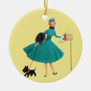Retro 1950's Woman w/ Scottie Dog Christmas Ceramic Ornament