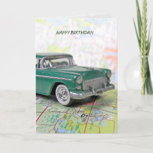 retro 1955 Chevrolet on road map birthday Card