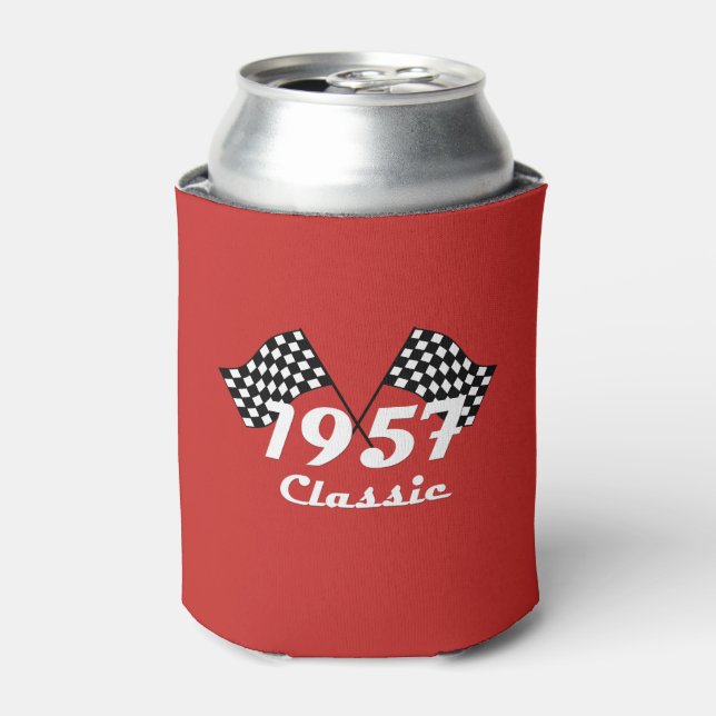 Retro 1957 Classic Black & White Chequered Flag Can Cooler (Can Front)