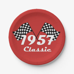 Retro 1957 Classic Black & White Chequered Flag Paper Plate